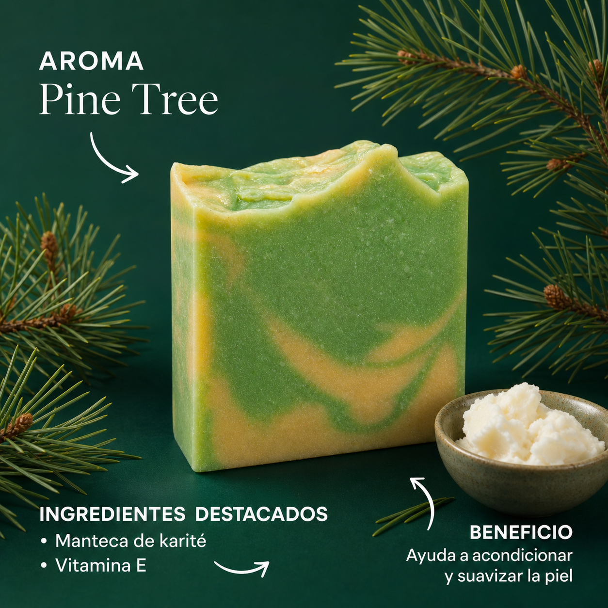 Infografia del jabon Pine Tree con aroma e ingredientes destacados
