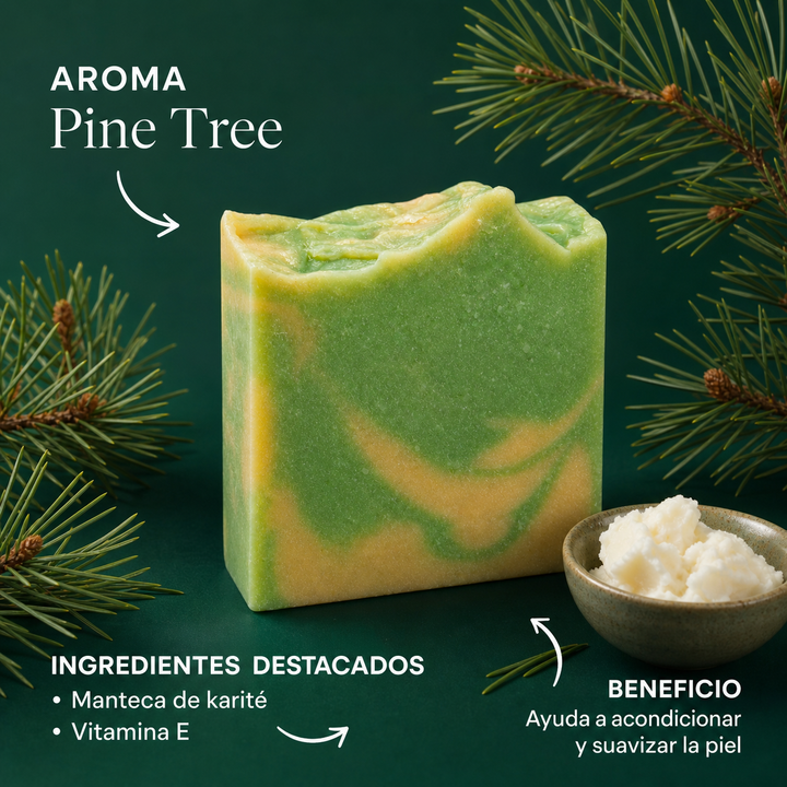 Infografia del jabon Pine Tree con aroma e ingredientes destacados