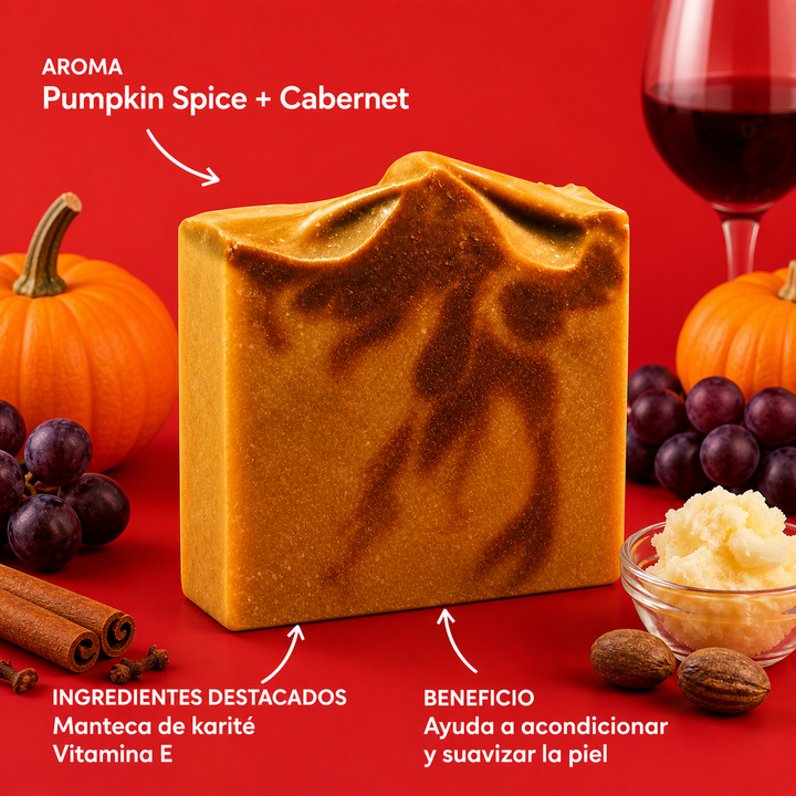 Infografia del jabon Pumpkin Spice Cabernet con aroma e ingredientes destacados