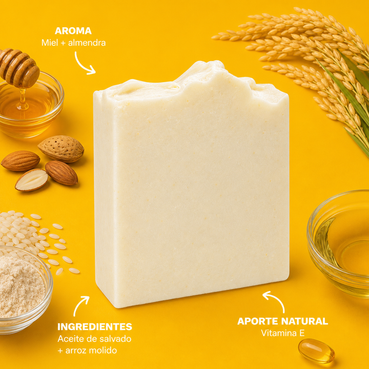 Infografia del jabon Rice Bran con aroma e ingredientes destacados