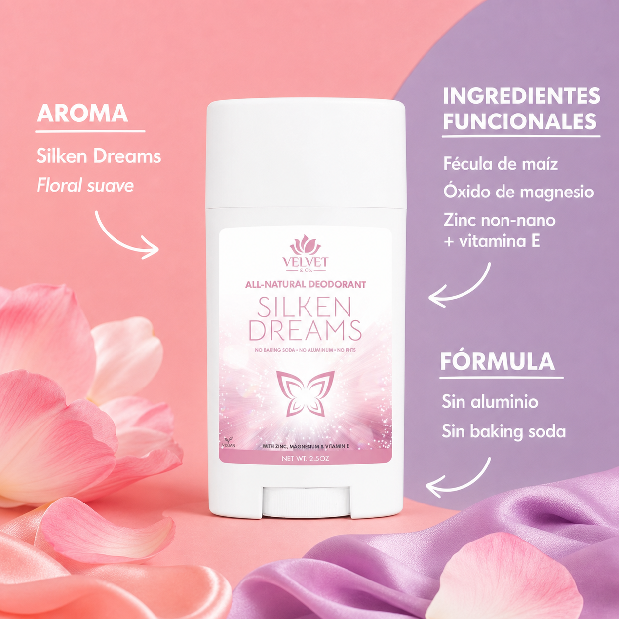 Infografia del desodorante silken-dreams-natural-deodorant-for-her con aroma, ingredientes funcionales y formula