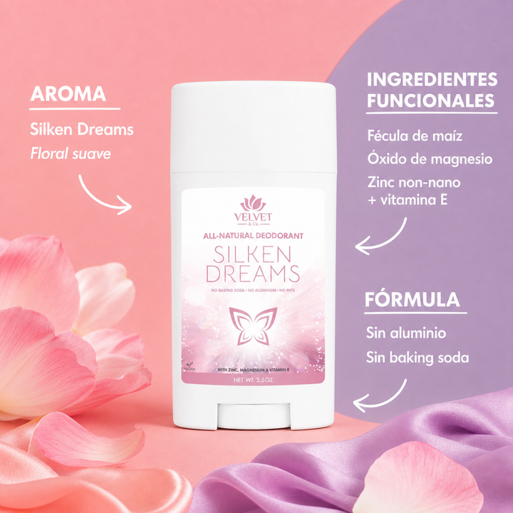 Infografia del desodorante silken-dreams-natural-deodorant-for-her con aroma, ingredientes funcionales y formula