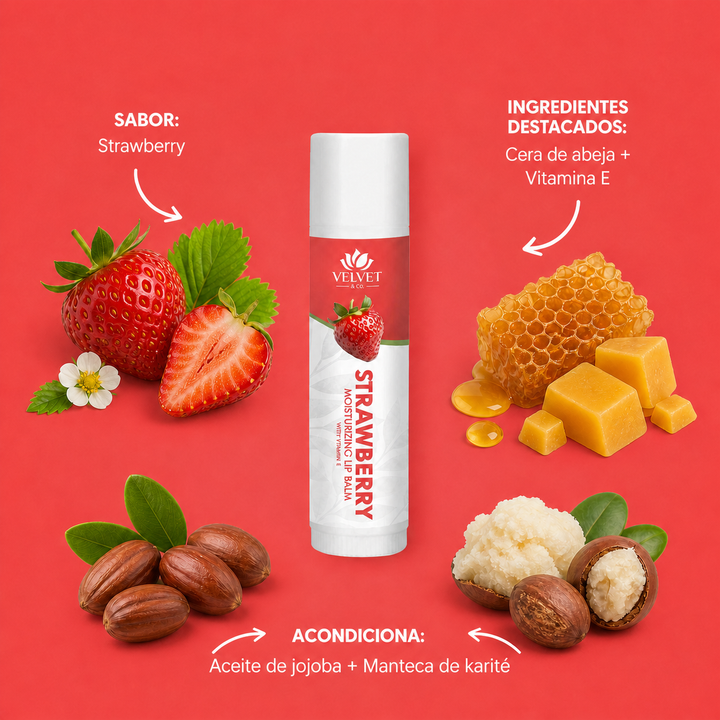 Infografia del balsamo labial Strawberry con sabor e ingredientes destacados