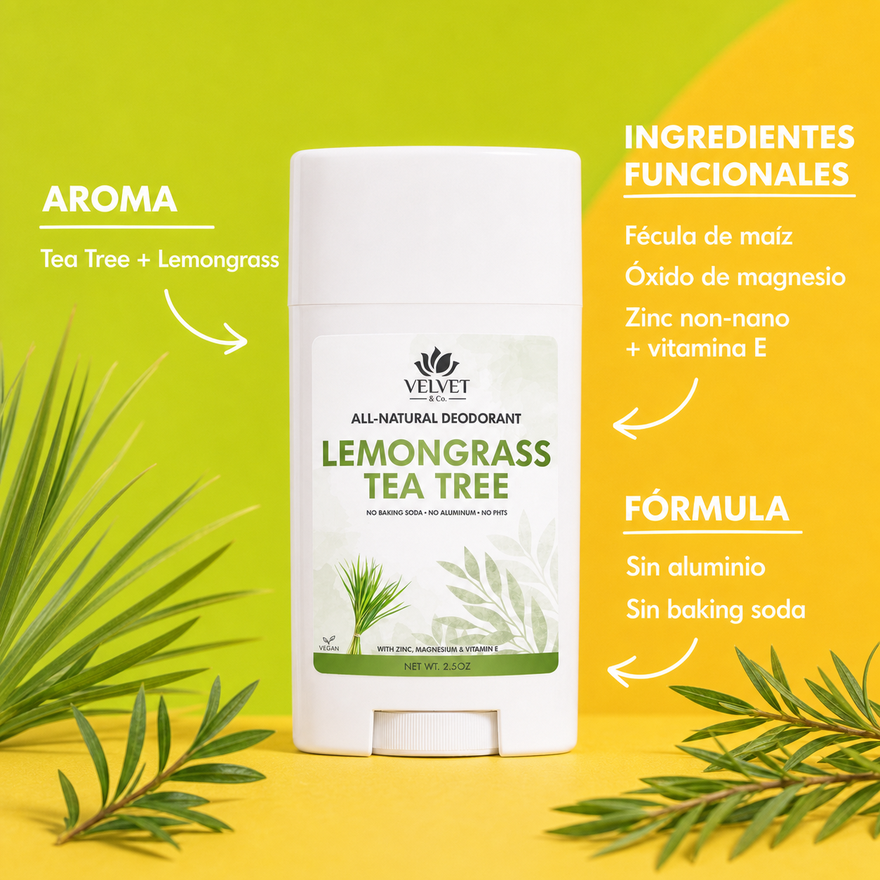 Infografia del desodorante Tea Tree Lemongrass con aroma, ingredientes funcionales y formula