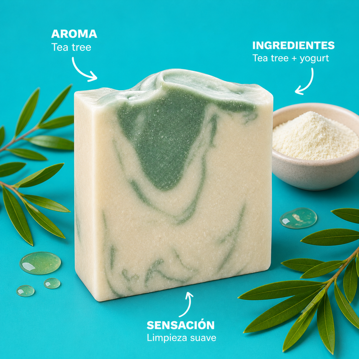 Infografia del jabon Tea Tree + Yogurt con aroma e ingredientes destacados