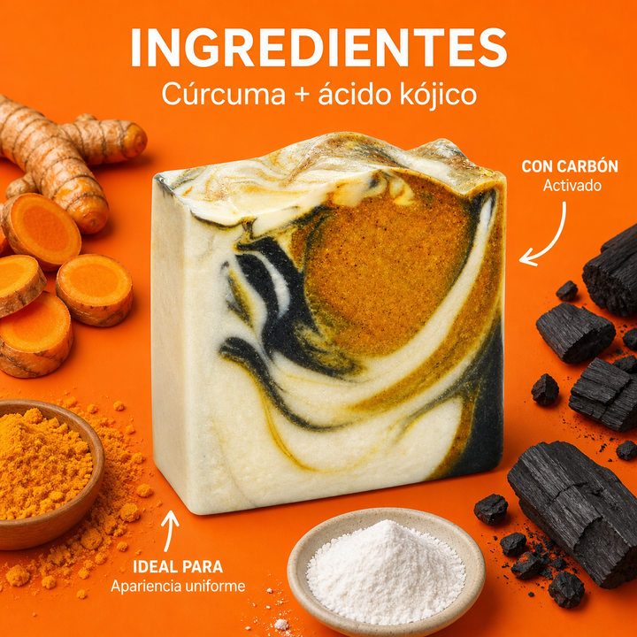 Infografia del jabon Turmeric + Kojic con aroma e ingredientes destacados
