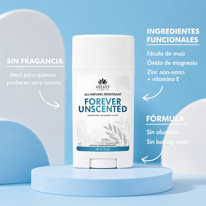 Infografia del desodorante unscented-natural-deodorant con aroma, ingredientes funcionales y formula