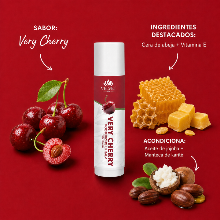 Infografia del balsamo labial Very Cherry con sabor e ingredientes destacados