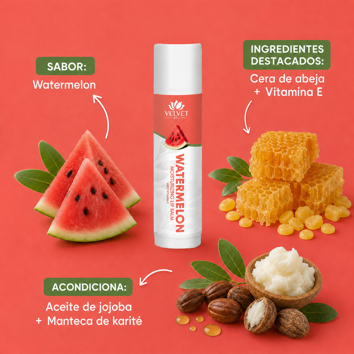 Infografia del balsamo labial Watermelon con sabor e ingredientes destacados
